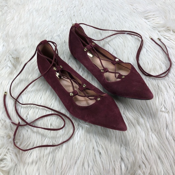 Halogen Burgundy Suede Lace Up Pointed Toe Flats